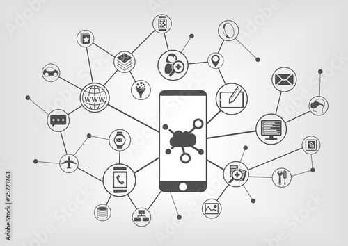 Cloud computing concept for connected mobile devices. Vector icons on grey background