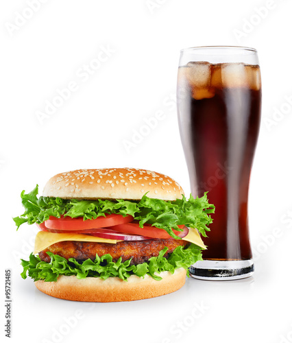 Hamburger and cola isolated on white background.
