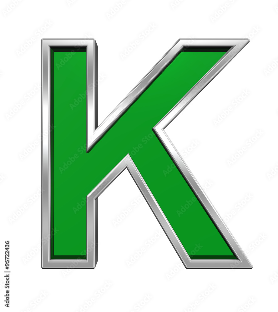 One letter from green glass with chrome frame alphabet set, isolated on white. Computer generated 3D photo rendering. One letter from green glass with chrome frame alphabet set, isolated on white. Computer generated 3D photo rendering.