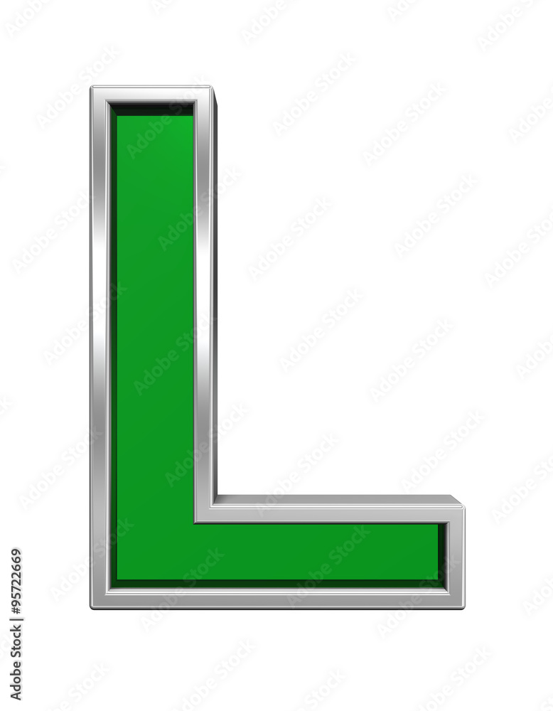 One letter from green glass with chrome frame alphabet set, isolated on white. Computer generated 3D photo rendering. One letter from green glass with chrome frame alphabet set, isolated on white. Computer generated 3D photo rendering.
