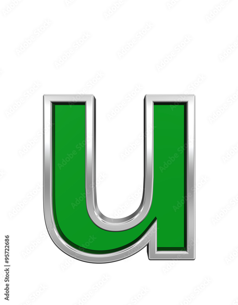 One lower case letter from green glass with chrome frame alphabet set, isolated on white. Computer generated 3D photo rendering. One lower case letter from green glass with chrome frame alphabet set, isolated on white. Computer generated 3D photo rendering.