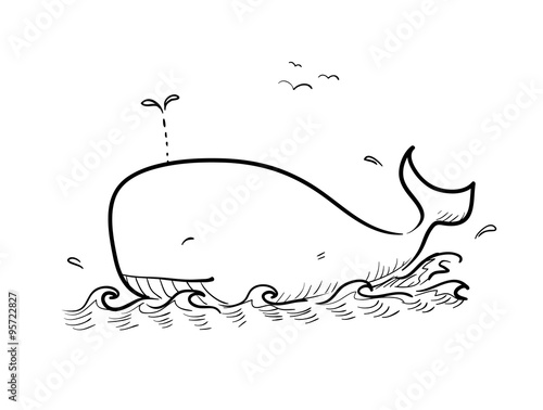 Whale Doodle, a hand drawn vector doodle illustration of a whale swimming in the ocean.
