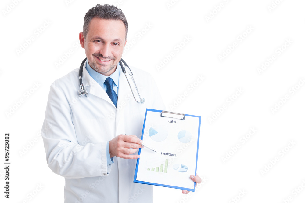 Hospital manager presenting clipboard with sales and prediction Hospital manager presenting clipboard with sales and prediction