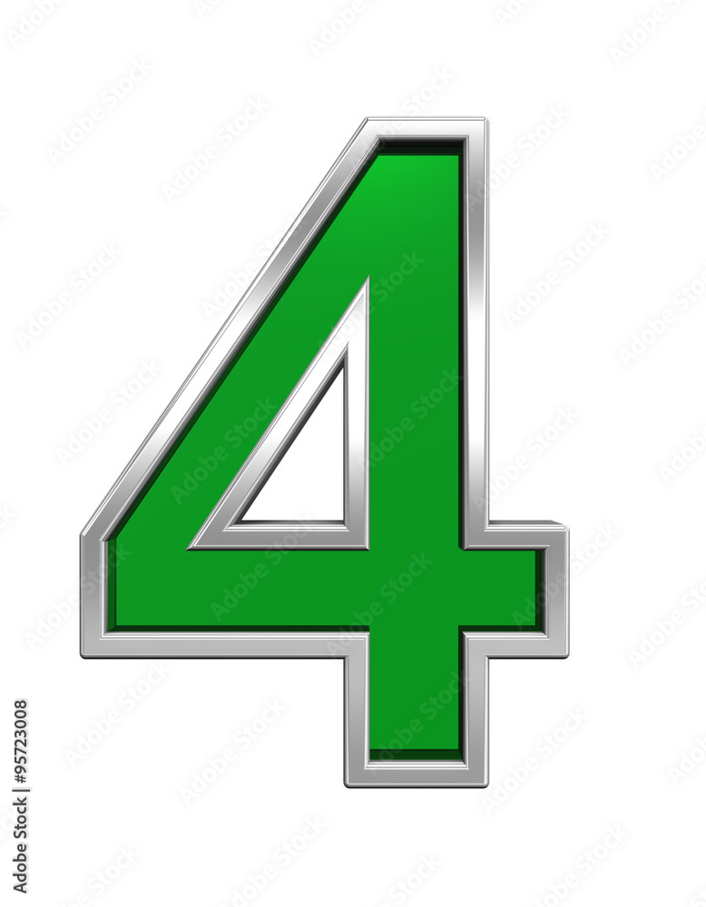 One digit from green glass with chrome frame alphabet set, isolated on white. Computer generated 3D photo rendering. One digit from green glass with chrome frame alphabet set, isolated on white. Computer generated 3D photo rendering.