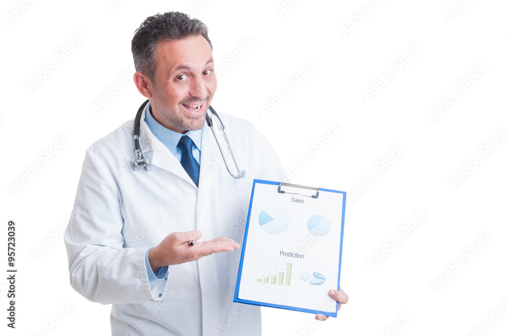 Doctor or medic presenting medicine sales and financial predicti Doctor or medic presenting medicine sales and financial predicti
