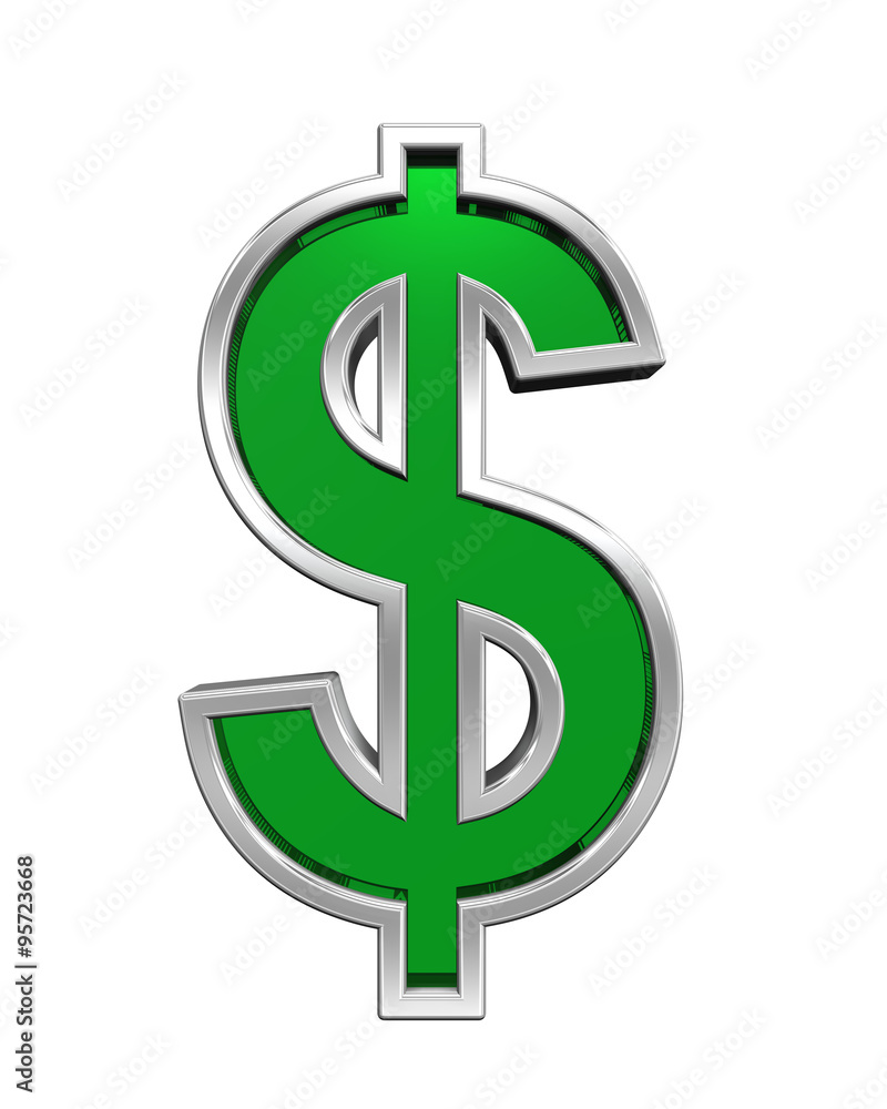 Dollar sign from green glass with chrome frame alphabet set, isolated on white. Computer generated 3D photo rendering. Dollar sign from green glass with chrome frame alphabet set, isolated on white. Computer generated 3D photo rendering.
