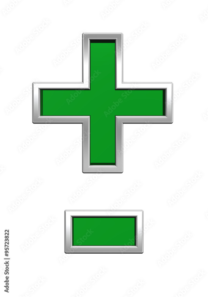 Hyphen, minus, plus marks from green glass with chrome frame alphabet set, isolated on white. Computer generated 3D photo rendering. Hyphen, minus, plus marks from green glass with chrome frame alphabet set, isolated on white. Computer generated 3D photo rendering.