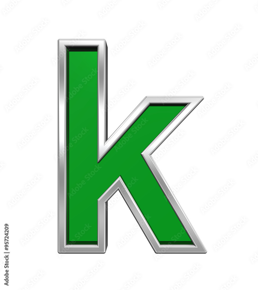 One lower case letter from green glass with chrome frame alphabet set, isolated on white. Computer generated 3D photo rendering. One lower case letter from green glass with chrome frame alphabet set, isolated on white. Computer generated 3D photo rendering.
