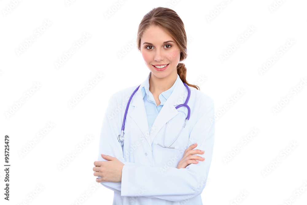 Friendly smiling young female doctor, isolated over white background Friendly smiling young female doctor, isolated over white background