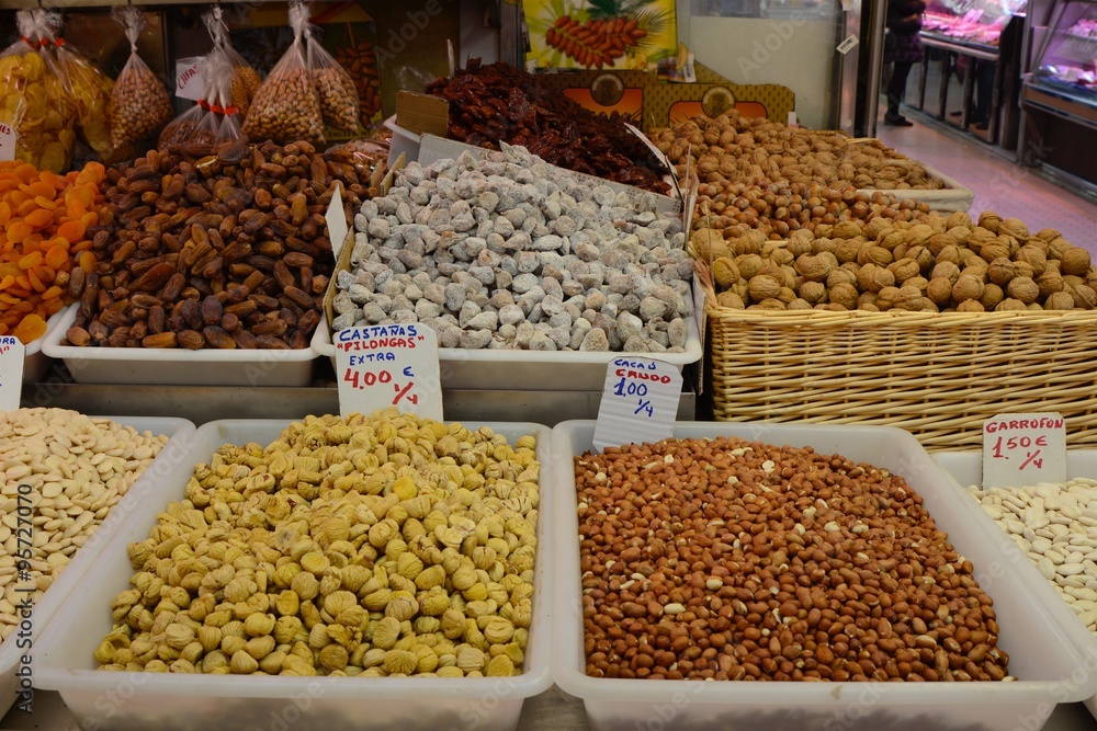 Nuts on display in indoor market of Valencia, Spain