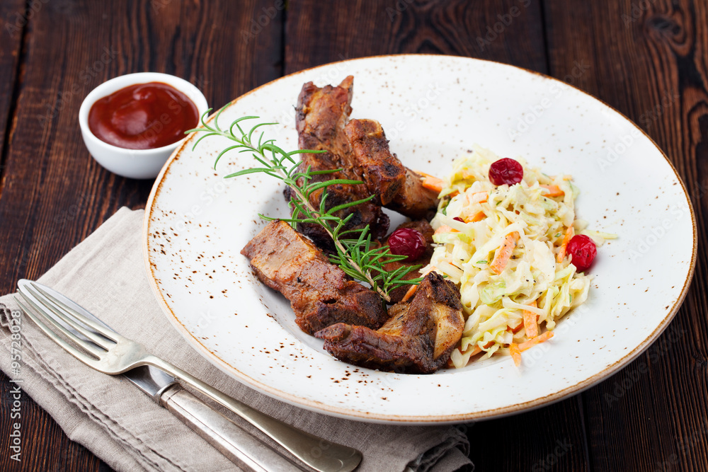 Grilled sliced barbecue pork ribs Salad cole slaw Grilled sliced barbecue pork ribs Salad cole slaw