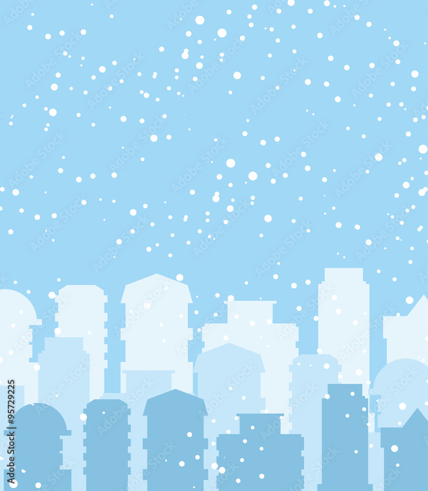 Winter city. Snow falls on building. Sky with snowflakes. Skyscr