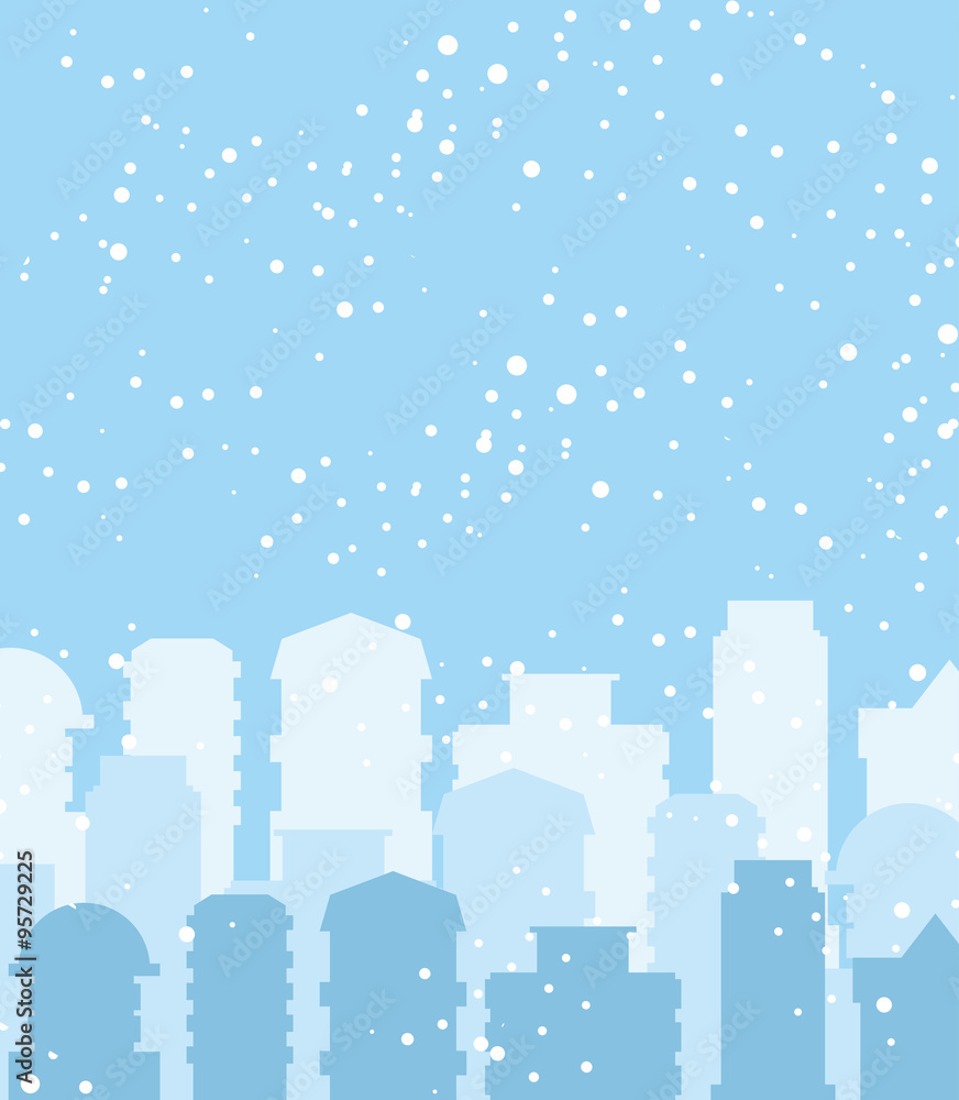 Winter city. Snow falls on building. Sky with snowflakes. Skyscr Winter city. Snow falls on building. Sky with snowflakes. Skyscr