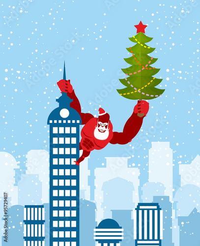 Big Red Gorilla dressed as Santa Claus climbs the building with