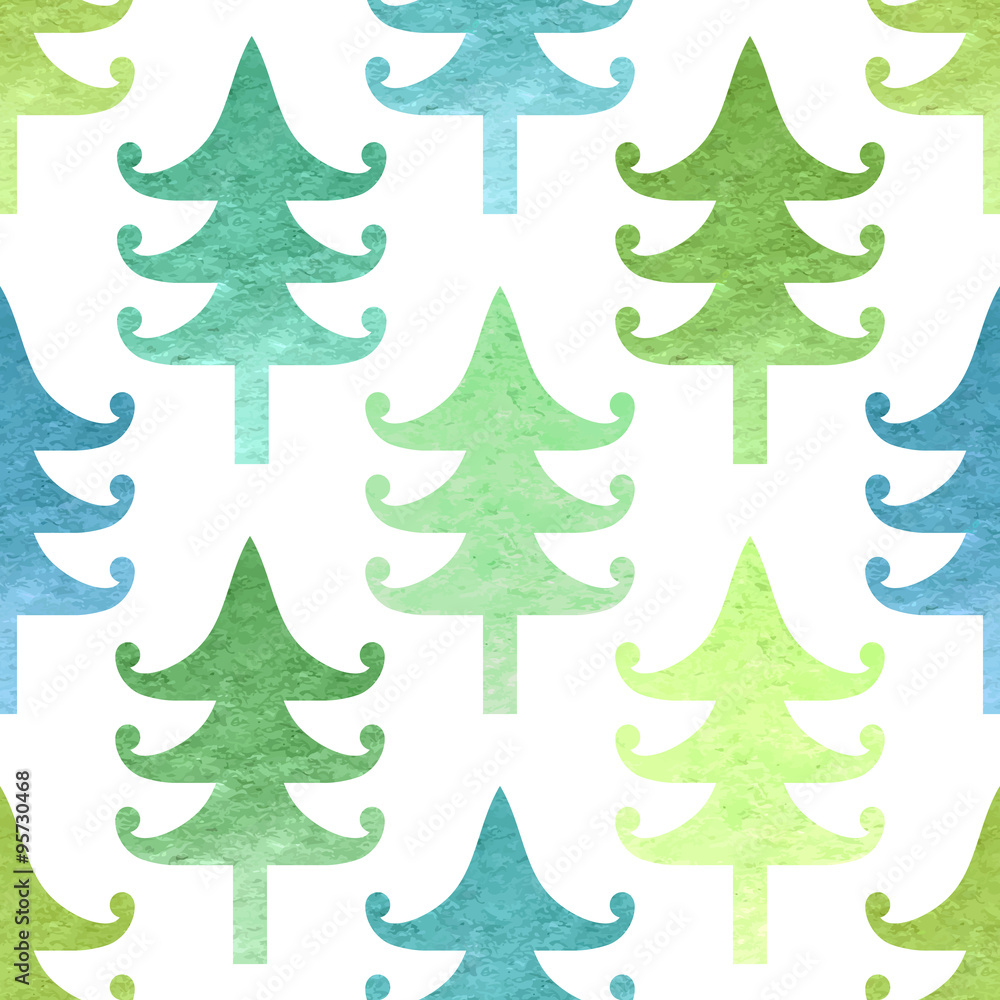 Seamless background with silhouettes of fir-tree on watercolor t