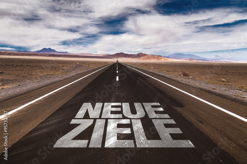 New Goals (in German) written on desert road