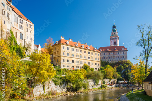 Castle tower in Cesky Krumlov, Czech republic. Sunny autumn day.