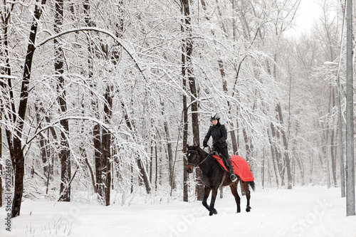 Girl on back of a bloodstock horse riding in snow