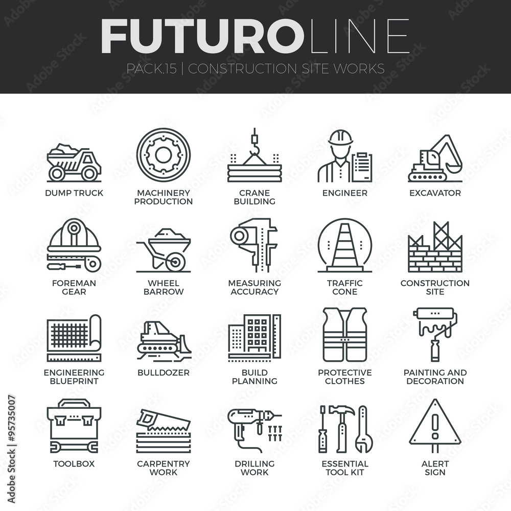 Construction Works Futuro Line Icons Set - obrazy, fototapety, plakaty 