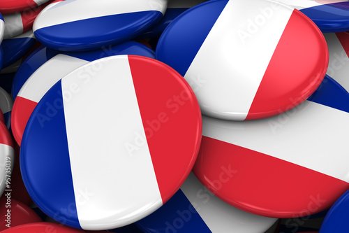 Pile of French Flag Badges - Flag of France Buttons piled on top of each other