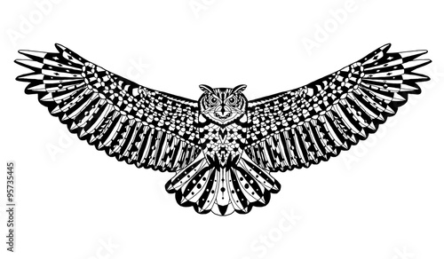 Eagle owl bird. Animals. Hand drawn doodle. Ethnic patterned vector illustration