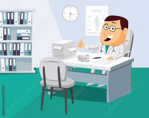 The best medical care. Doctor writes a prescription for the patient. Funny vector simple illustration.