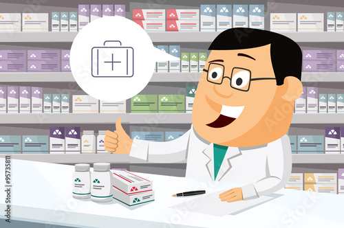 Pharmacist chemist man in pharmacy. Sale of vitamins and medications. Funny cartoon vector simple illustration.