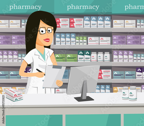 Pharmacist chemist woman in pharmacy. Sale of vitamins and medications. Funny vector simple illustration.