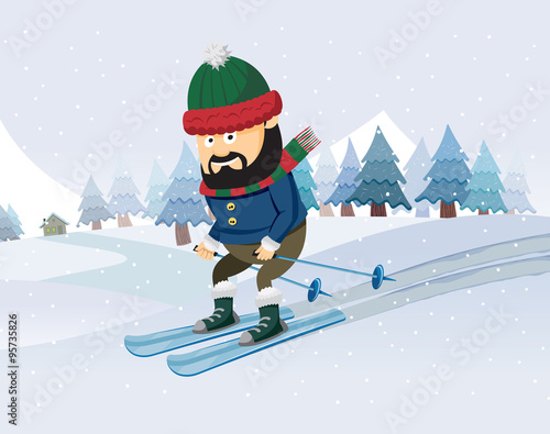 Funny skier in the mountains. Winter landscape and chalet. Winter vacation in the mountains. Recreation. Cartoon simple vector illustration.