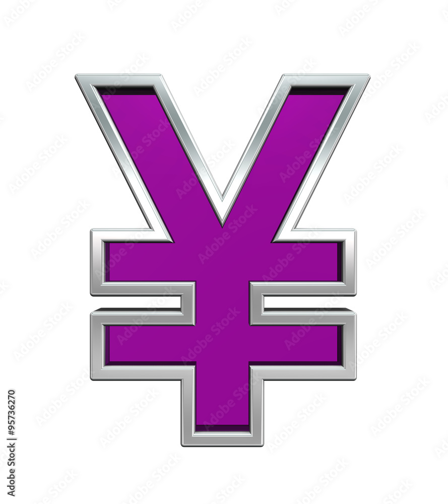Obraz premium Yen sign from purple glass with chrome frame alphabet set, isolated on white. Computer generated 3D photo rendering.
