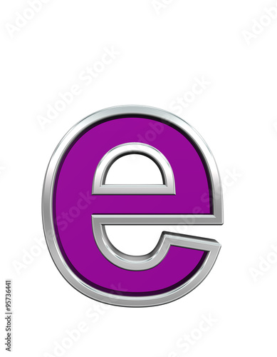One lower case letter from purple glass with chrome frame alphabet set, isolated on white. Computer generated 3D photo rendering.