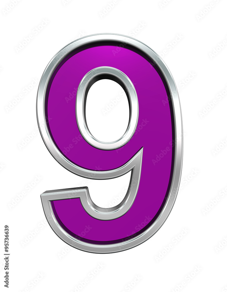 One digit from purple glass with chrome frame alphabet set, isolated on white. Computer generated 3D photo rendering. One digit from purple glass with chrome frame alphabet set, isolated on white. Computer generated 3D photo rendering.