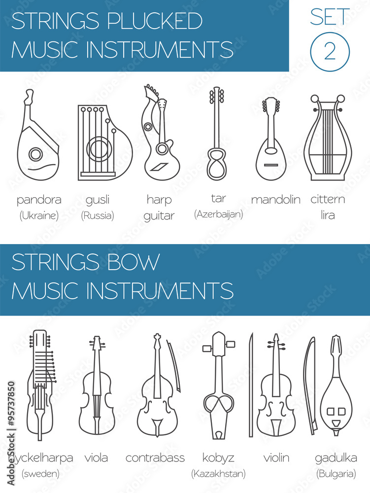 Naklejka premium Musical instruments graphic template. Strings plucked and bow