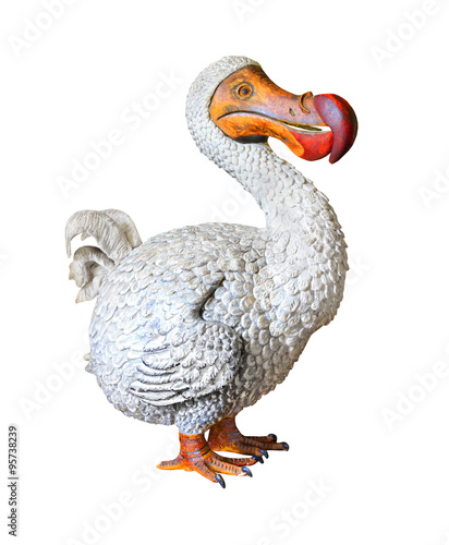 The Dodo (Raphus cucullatus) is an extinct flightless bird that was endemic to the island of Mauritius. Unauthorized sculpture from 17th century isolated on white background.