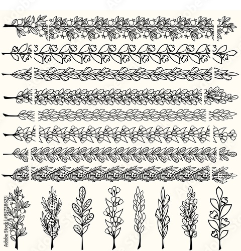 Hand drawn floral pattern borders and floral design elements set. Pattern and art brush templates. Vector illustration.