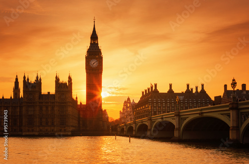 Famous Big Ben clock tower in London at sunset