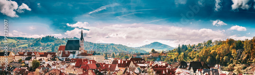 Panoramic cityscape Cesky Krumlov, Czech republic. Sunny autumn  photo