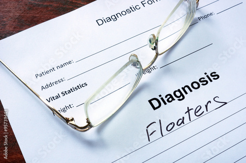 Cuadro en lienzo Diagnosis list with Floaters and glasses. Eye disorder concept.