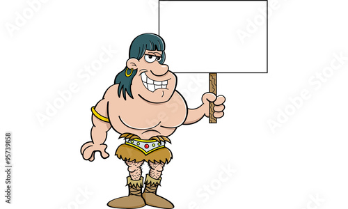 Cartoon illustration of a barbarian holding a sign.