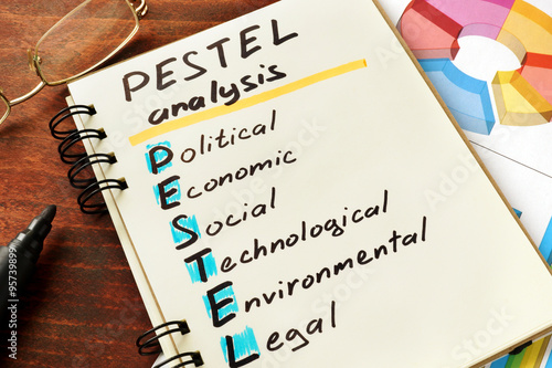 Pestel analysis  concept. Notepad on the table.