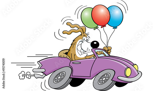 Cartoon illustration of a dog driving a sports car and holding balloons.