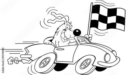 Black and white illustration of a dog in a sports car waving a checkered flag.