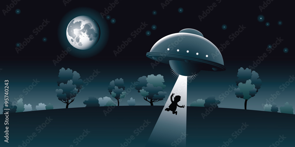 A cartoon man is abducted by an alien UFO flying saucer under the light of  the full moon. Stock Vector | Adobe Stock