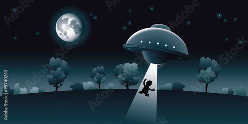 A cartoon man is abducted by an alien UFO flying saucer under the light of the full moon.