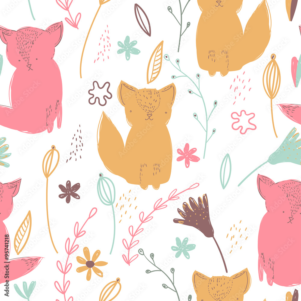 Obraz premium Vector illustration. Seamless pattern. Funny cats with hand drawn texture.
