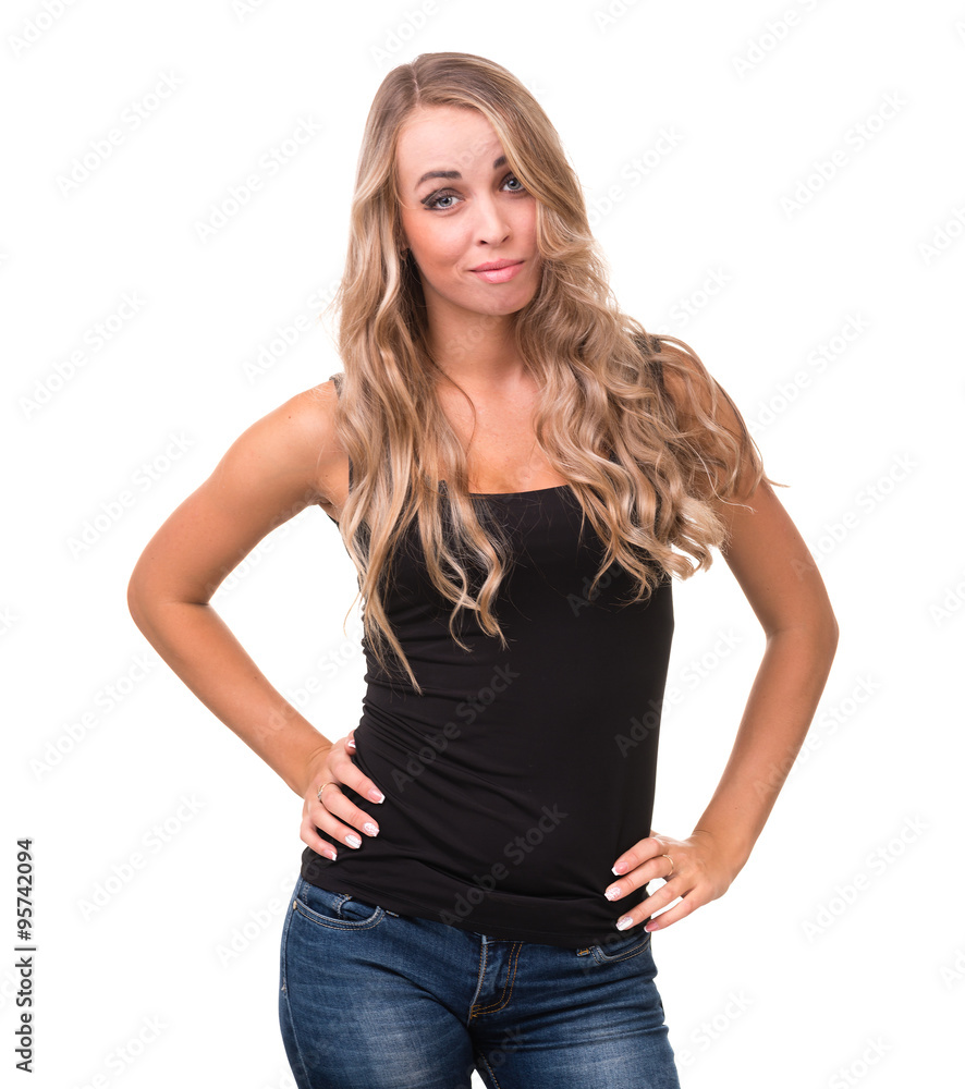 young woman looks skeptical isolated on white with copyspace young woman looks skeptical isolated on white with copyspace