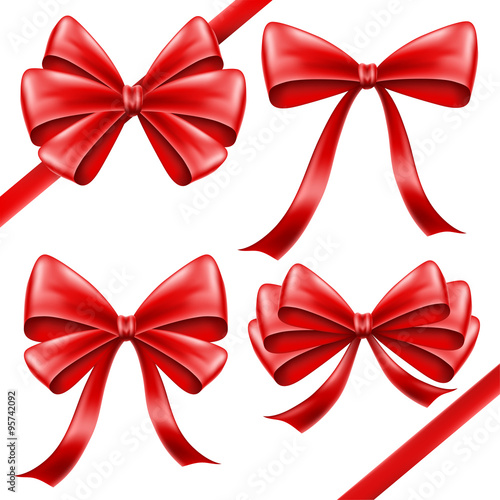 Realistic red bow set, isolated on white, for gifts and presents
