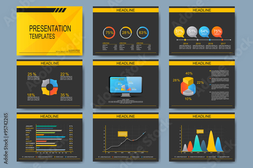 Set of vector templates for presentation slides. Modern business design with graph and charts