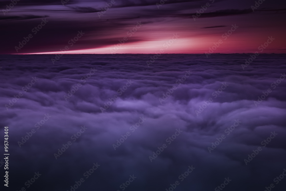 Fototapeta premium Sunset flight above sky airplane wing, airplane trip