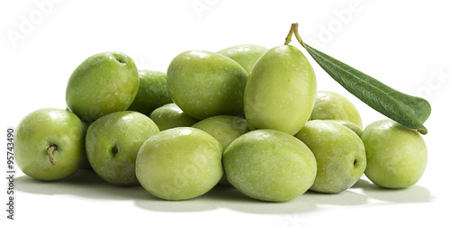 Heap of green olive with leaf isolated on white background.
